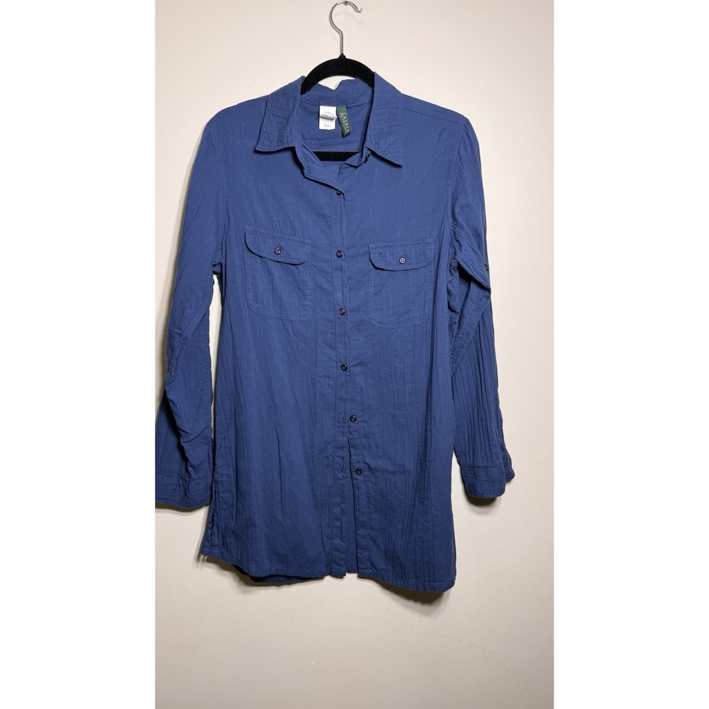Lauren Ralph Lauren Women's Medium  Button Up Blue Shirt Dress Long Sleeve Roll